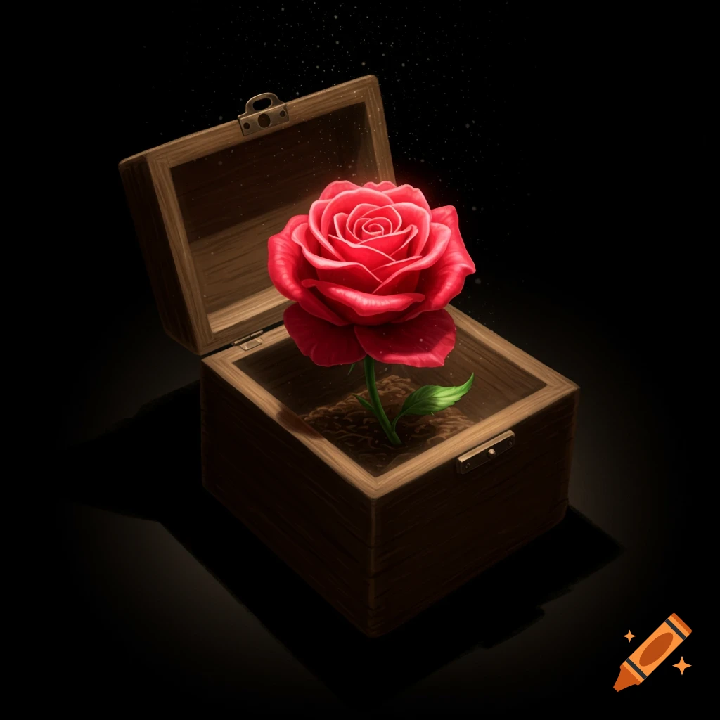A red rose growing inside a wooden box.