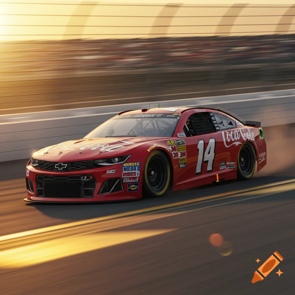 Red NASCAR race car speeding on a track at sunset.