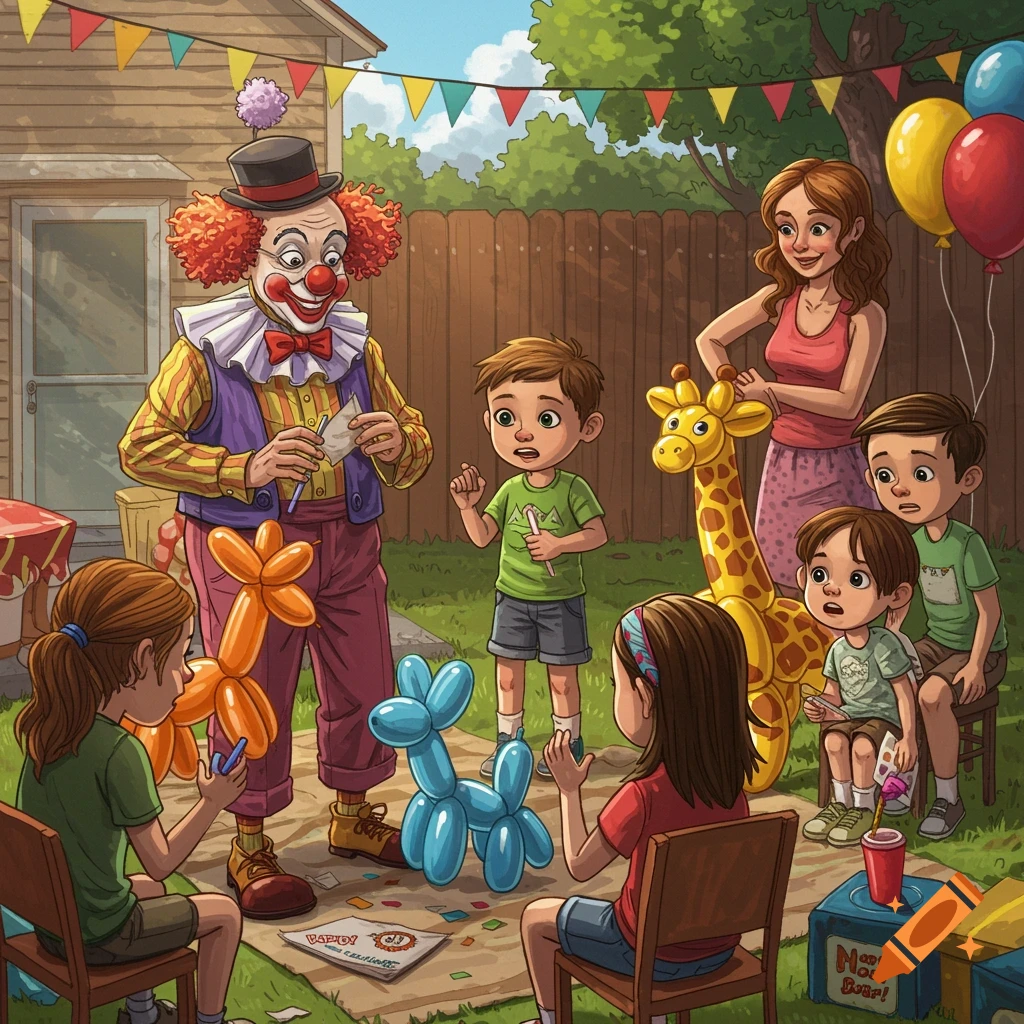 An illustration shows a clown making balloon animals for children at a backyard birthday party with balloons and banners.