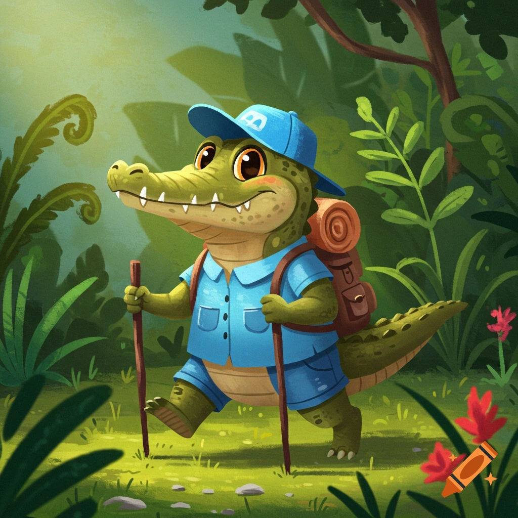 Cartoon alligator hiking in a forest wearing blue cap and gear