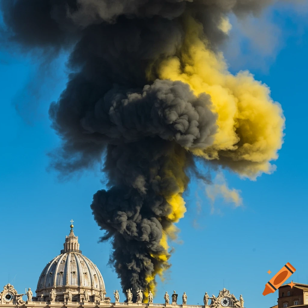 Black and yellow smoke rises above St. Peter's Basilica.