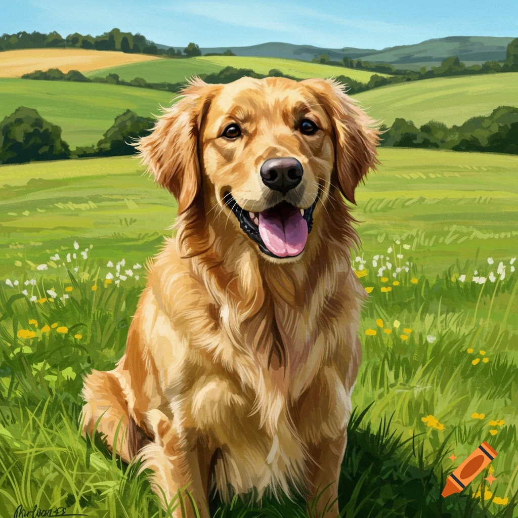 A golden retriever dog is sitting in a grassy field with rolling hills in the background.