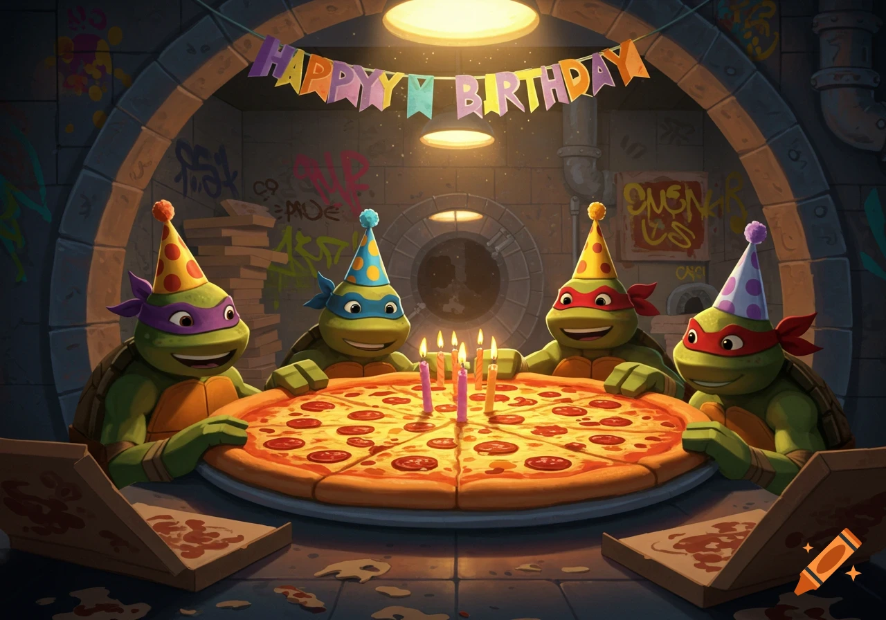 Four cartoon turtles in party hats gather around a large pizza with candles in a sewer setting under a happy birthday banner.