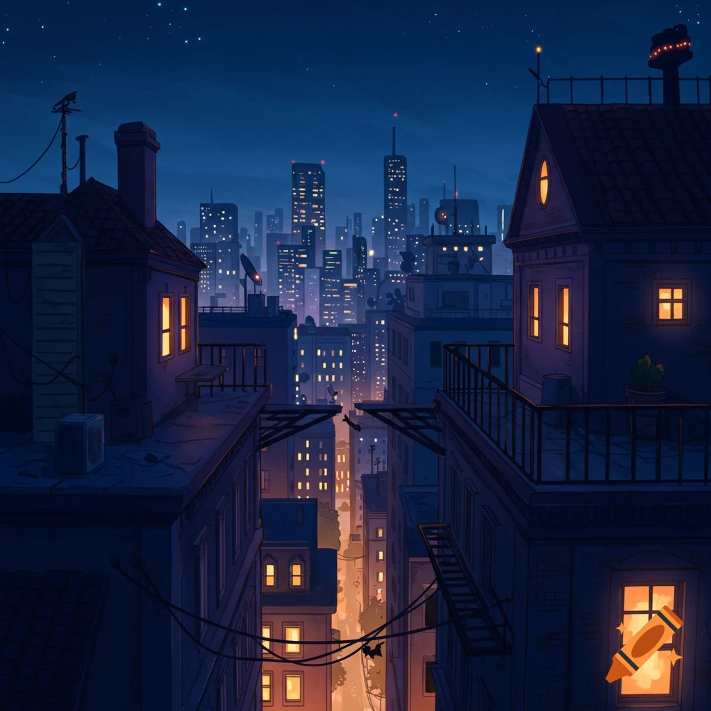 Two figures jumping between city rooftops at night