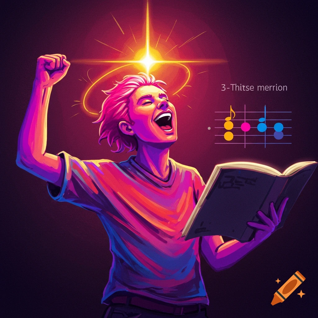 Stylized image of a person singing excitedly with a music book and notation.