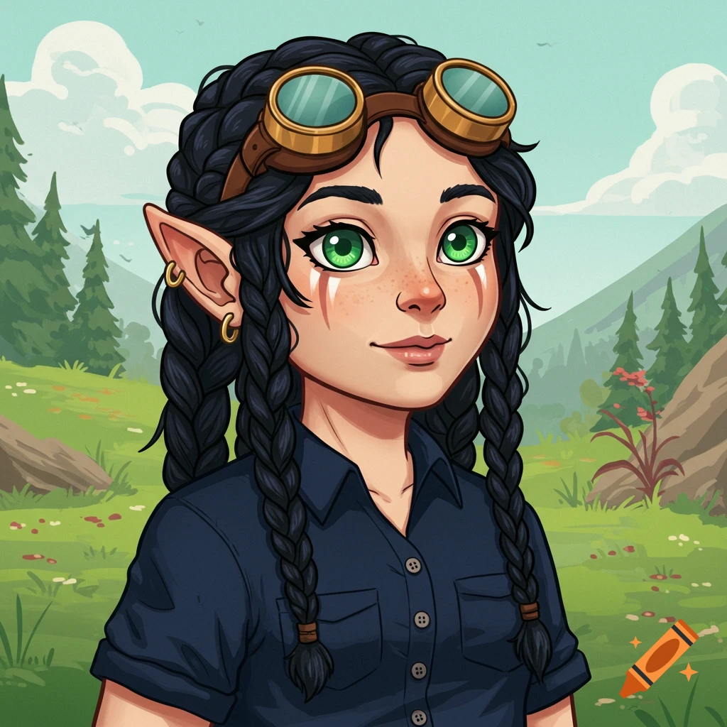 Cartoon portrait of a female fantasy character with braided black hair, green eyes, elf ears, and goggles on her forehead, wearing a blue shirt against a mountain background.