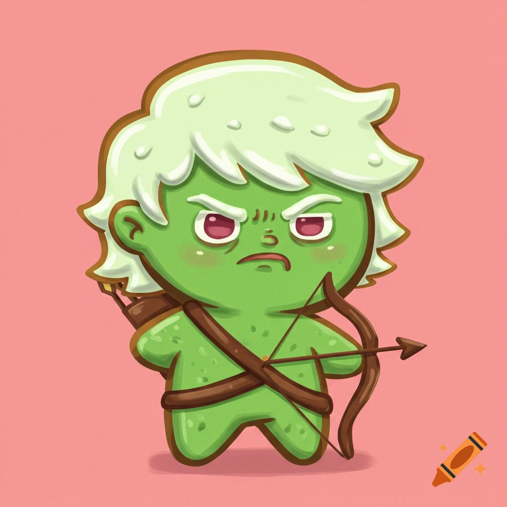 A grumpy green cookie character with white icing hair is holding a bow and arrow.