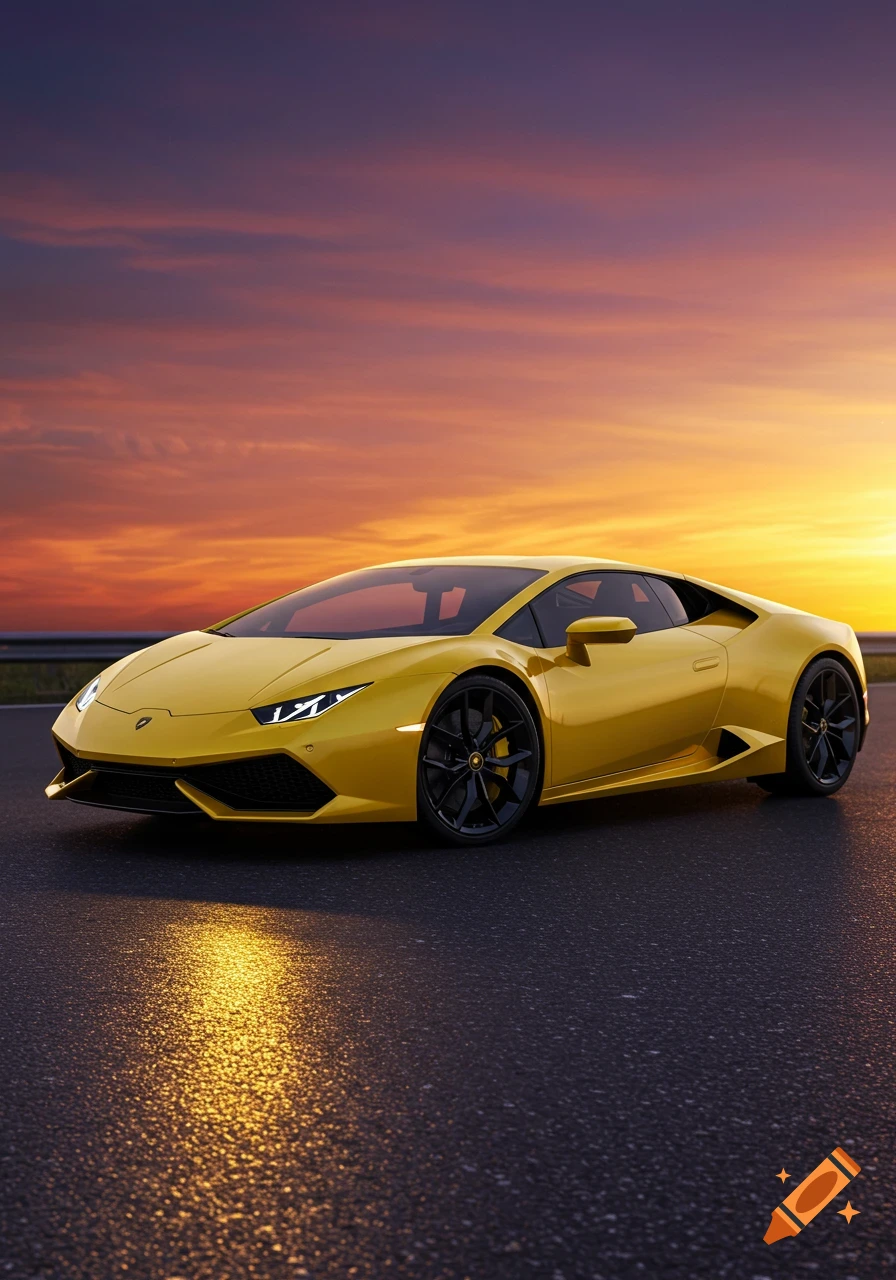 A yellow Lamborghini drives on a wet road at sunset, digital art.