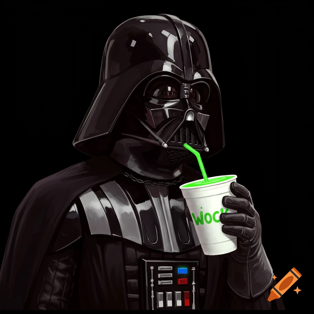 Darth Vader sipping from a cup with a green liquid and straw.