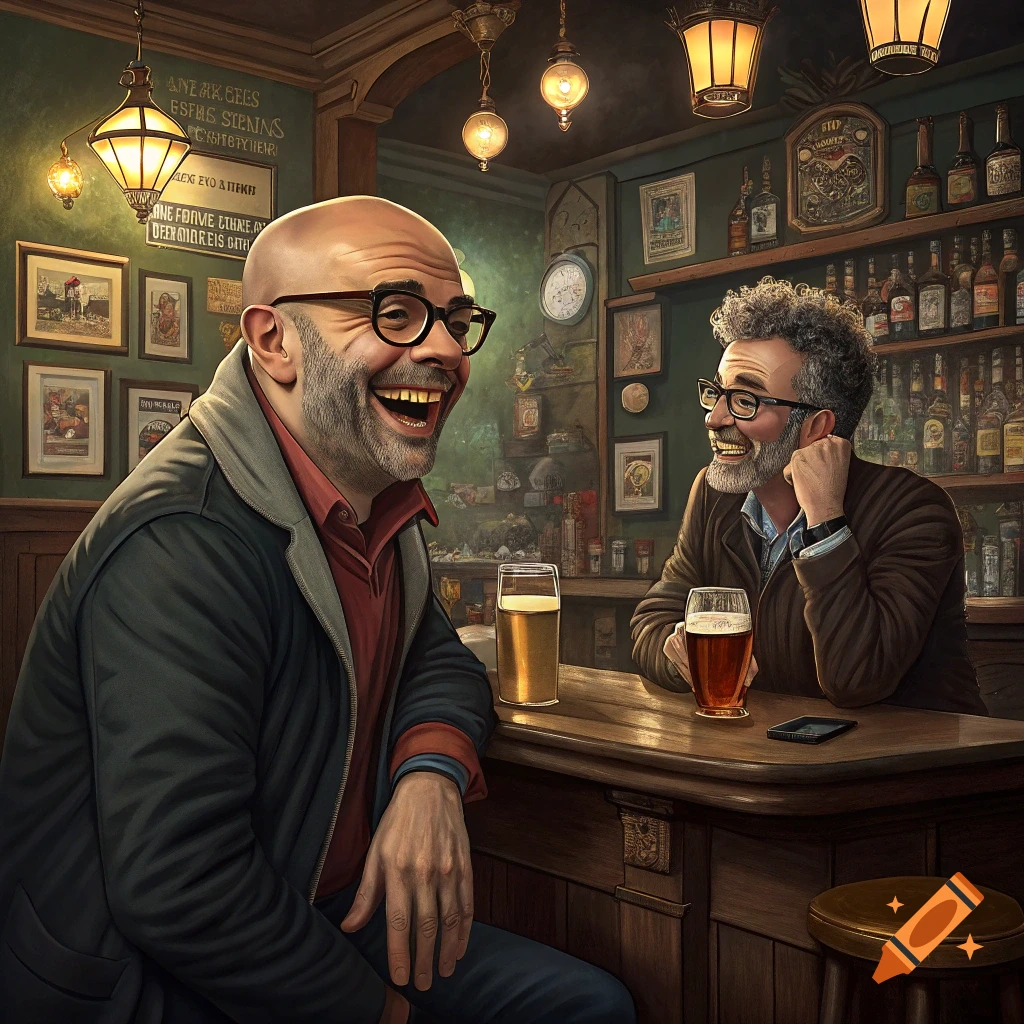 Two men laugh and talk while sitting at a bar in a pub with drinks.