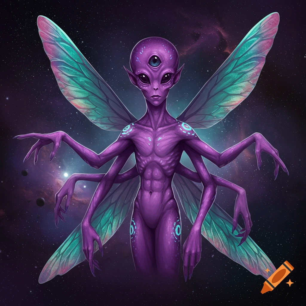 A purple alien with multiple arms and butterfly wings floating in space.