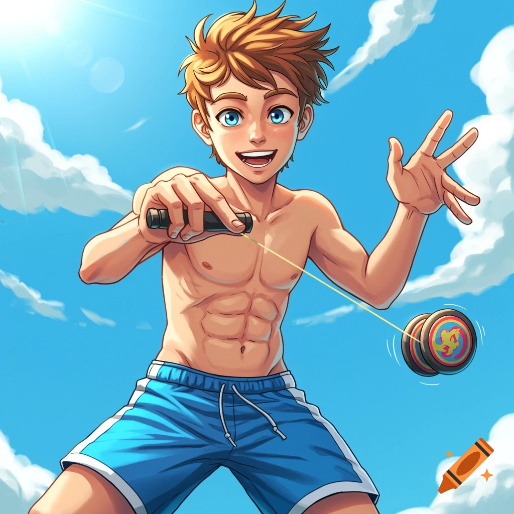 Comic book style illustration of a young boy playing with a colorful yoyo against a bright blue sky with clouds.