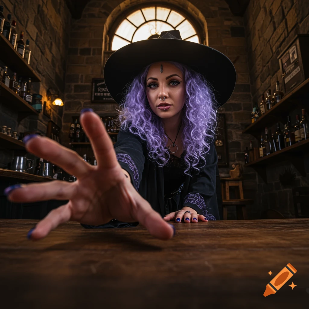 Witch with lavender hair and hat reaches forward in a medieval tavern, extreme foreshortening.