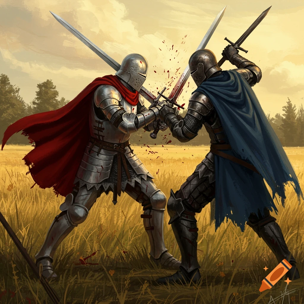 Two knights in full armor clashing swords in a grassy field with blood splatter.