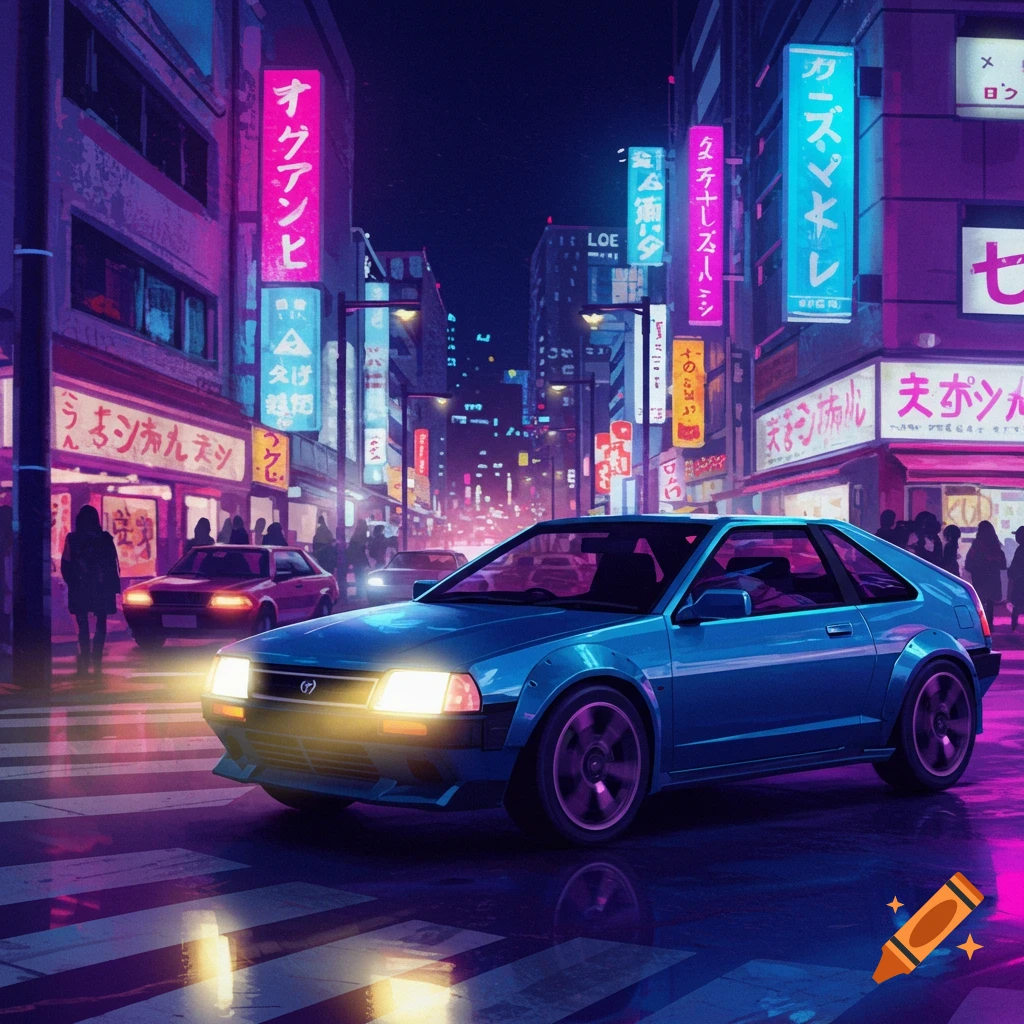 A blue car drives through a neon-lit cyberpunk street scene at night.