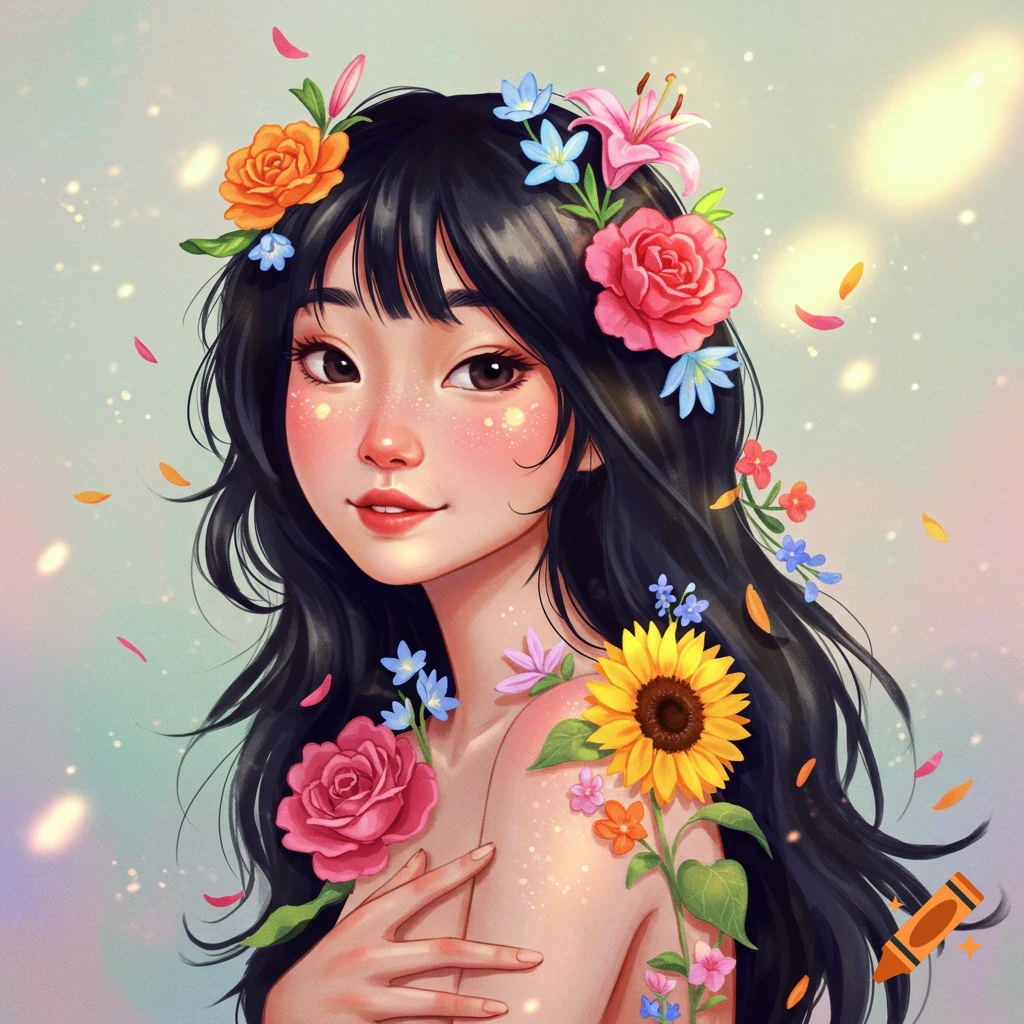 A young woman with black hair is adorned with pink, orange, yellow, and blue flowers, set against a sparkling background.