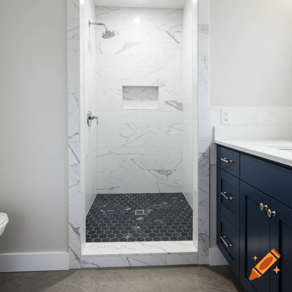 Modern bathroom with white marble shower, black hexagon tile floor, navy vanity, and concrete floor.