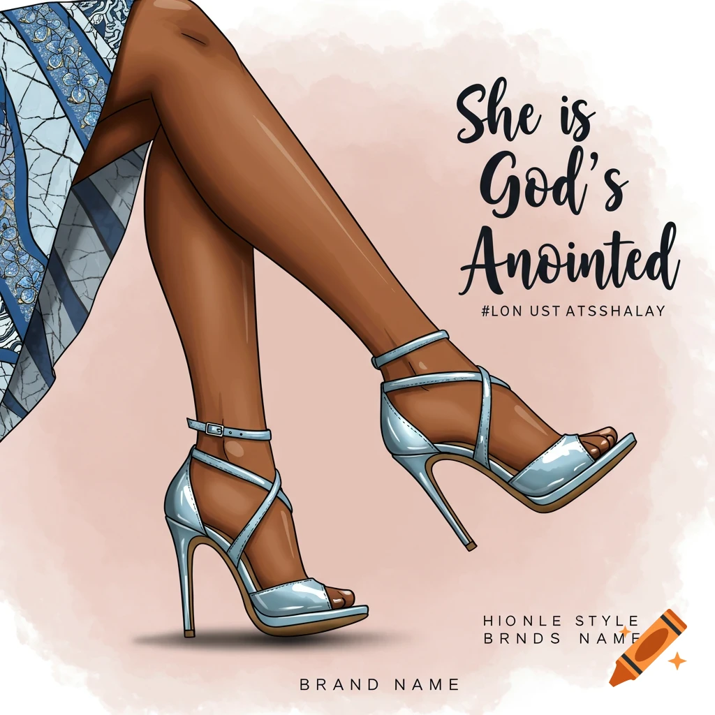 Stylish illustration of woman's legs in blue dress and high heels with text overlay.