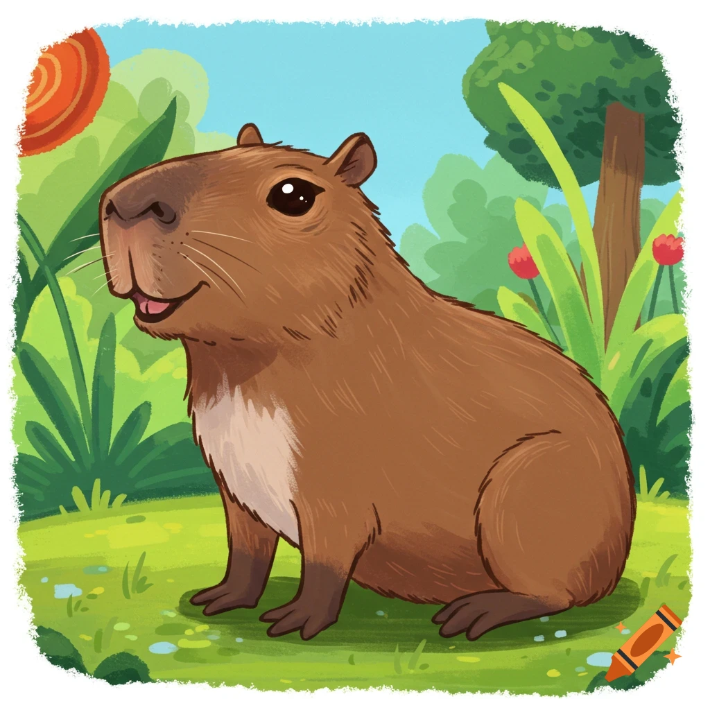 Cartoon illustration of a capybara sitting in a forest.