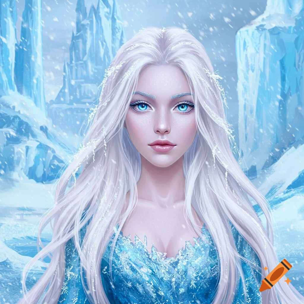 A woman with white hair and blue eyes stands in an icy castle setting.