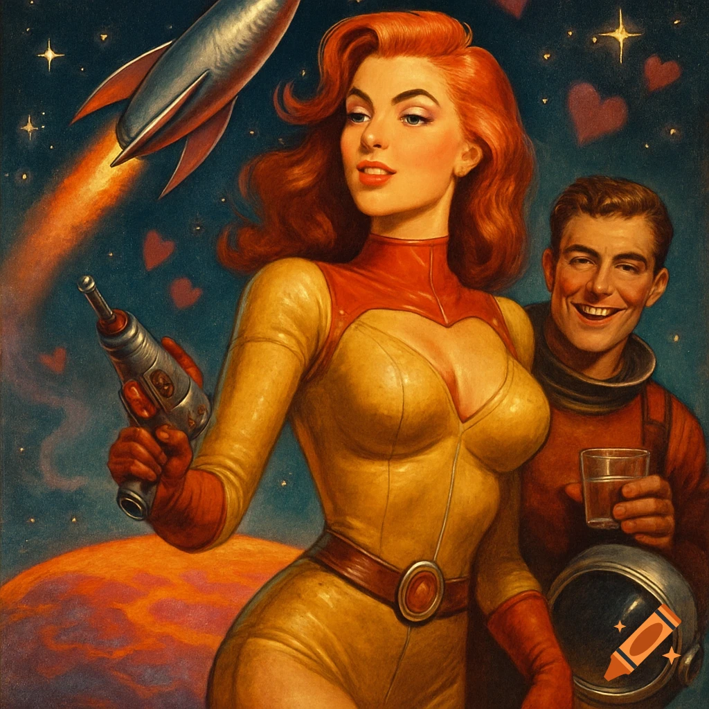 Vintage sci-fi art of a woman and man in space suits with a rocket
