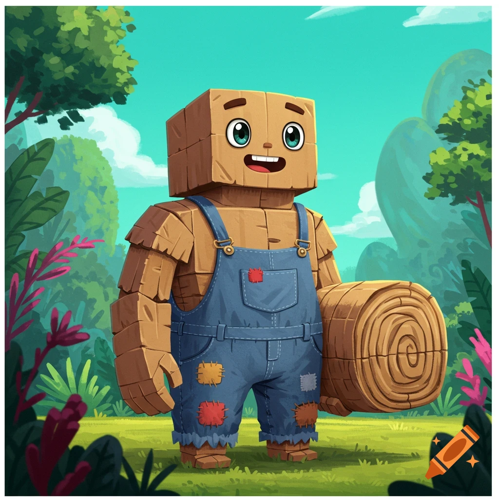 A blocky anthropomorphic character made of cardboard, wearing overalls and holding a hay bale in a cartoonish style.