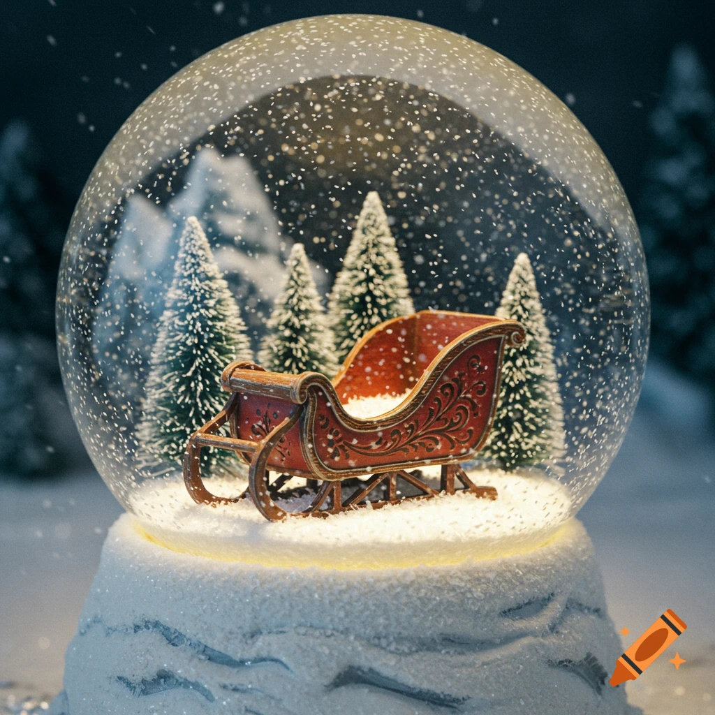 Realistic snowglobe with a red sleigh and trees inside, on a snowy base with falling snow.