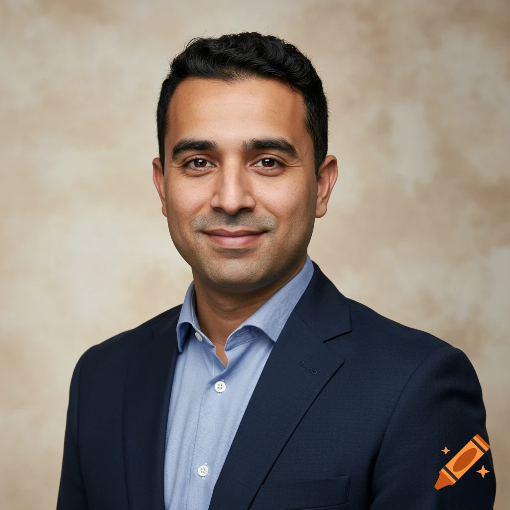 Professional headshot of a man in a dark suit and blue shirt.
