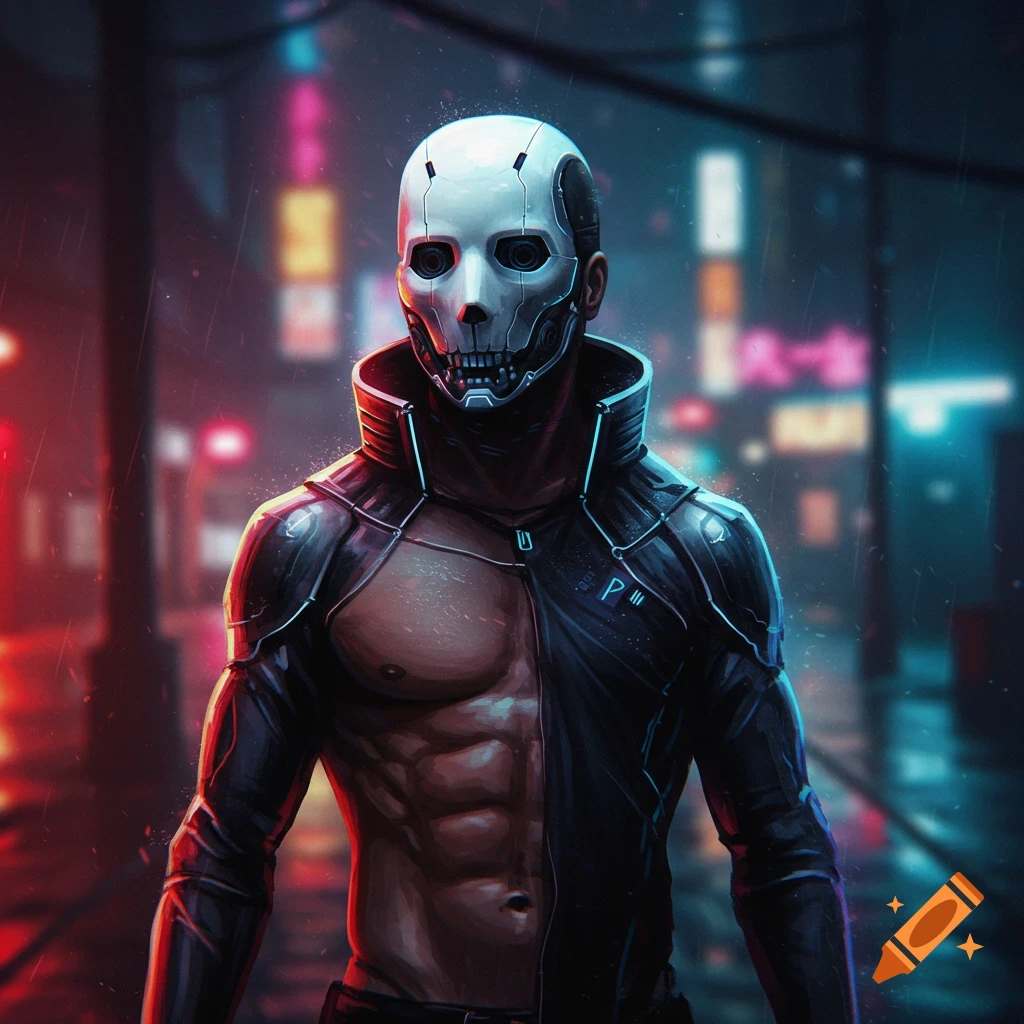 A man in a white mask and dark futuristic outfit stands in a rainy cyberpunk city.