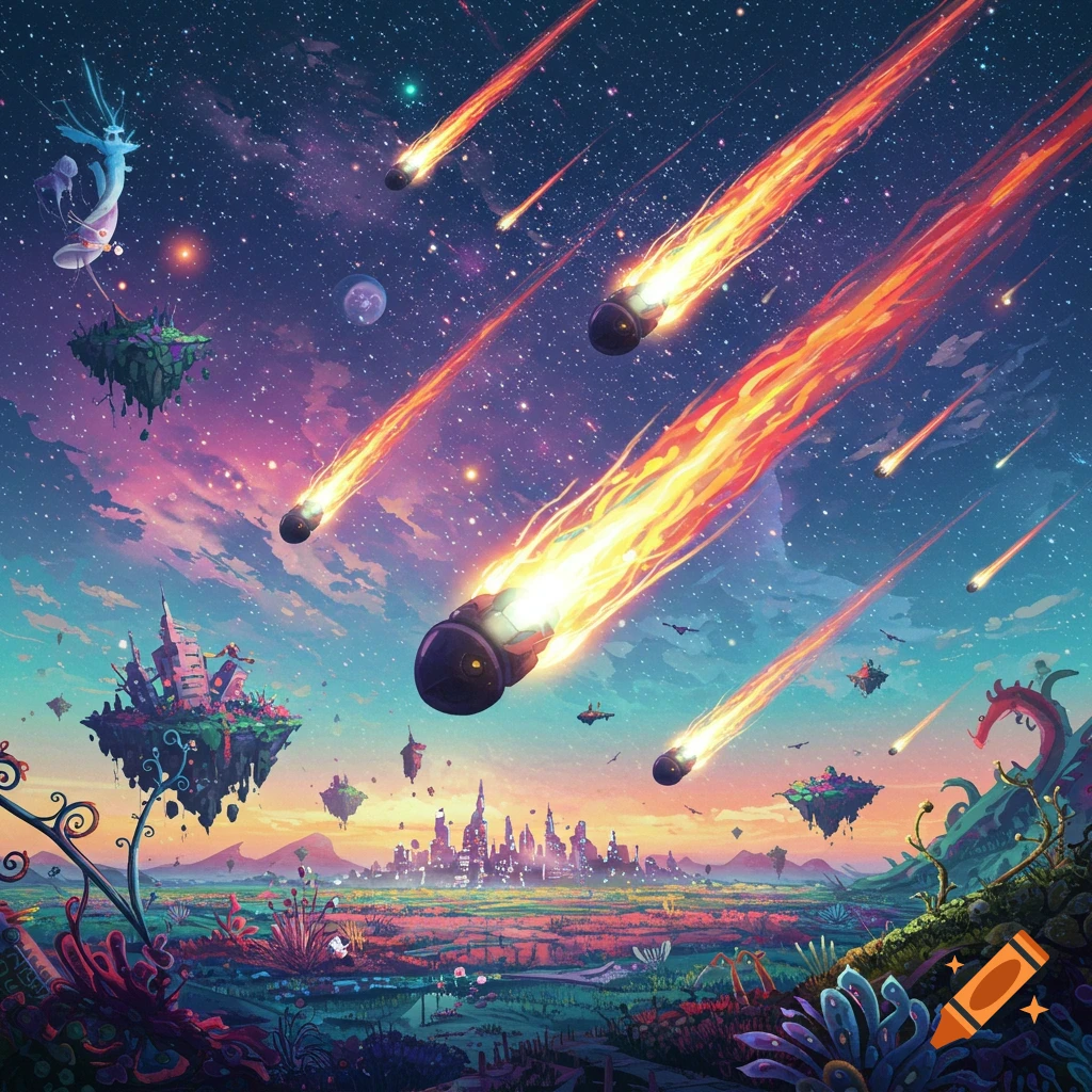 Meteors falling on a vibrant fantasy landscape with floating islands and a city.