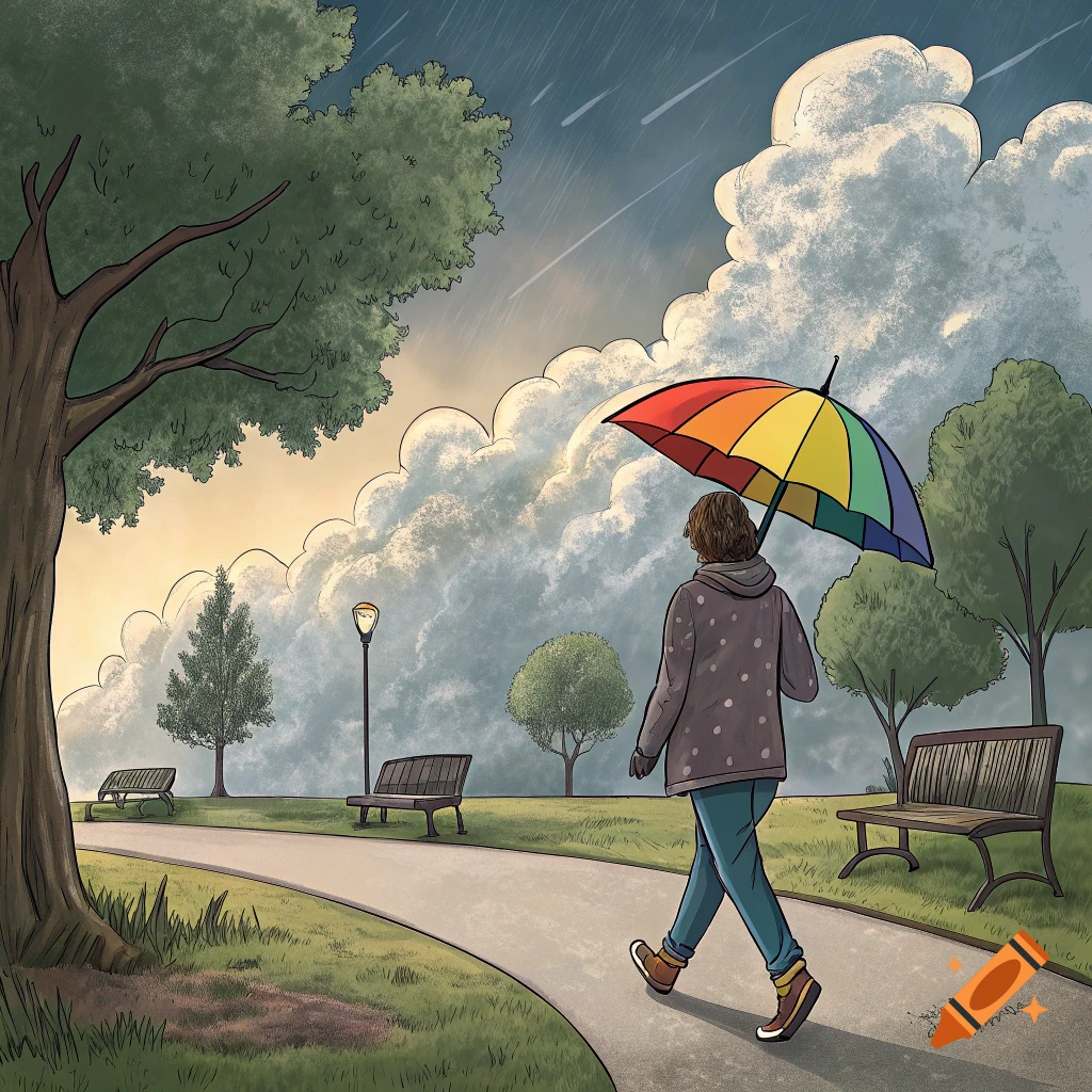 Illustrative image of a person walking on a park path with a rainbow umbrella in the rain.