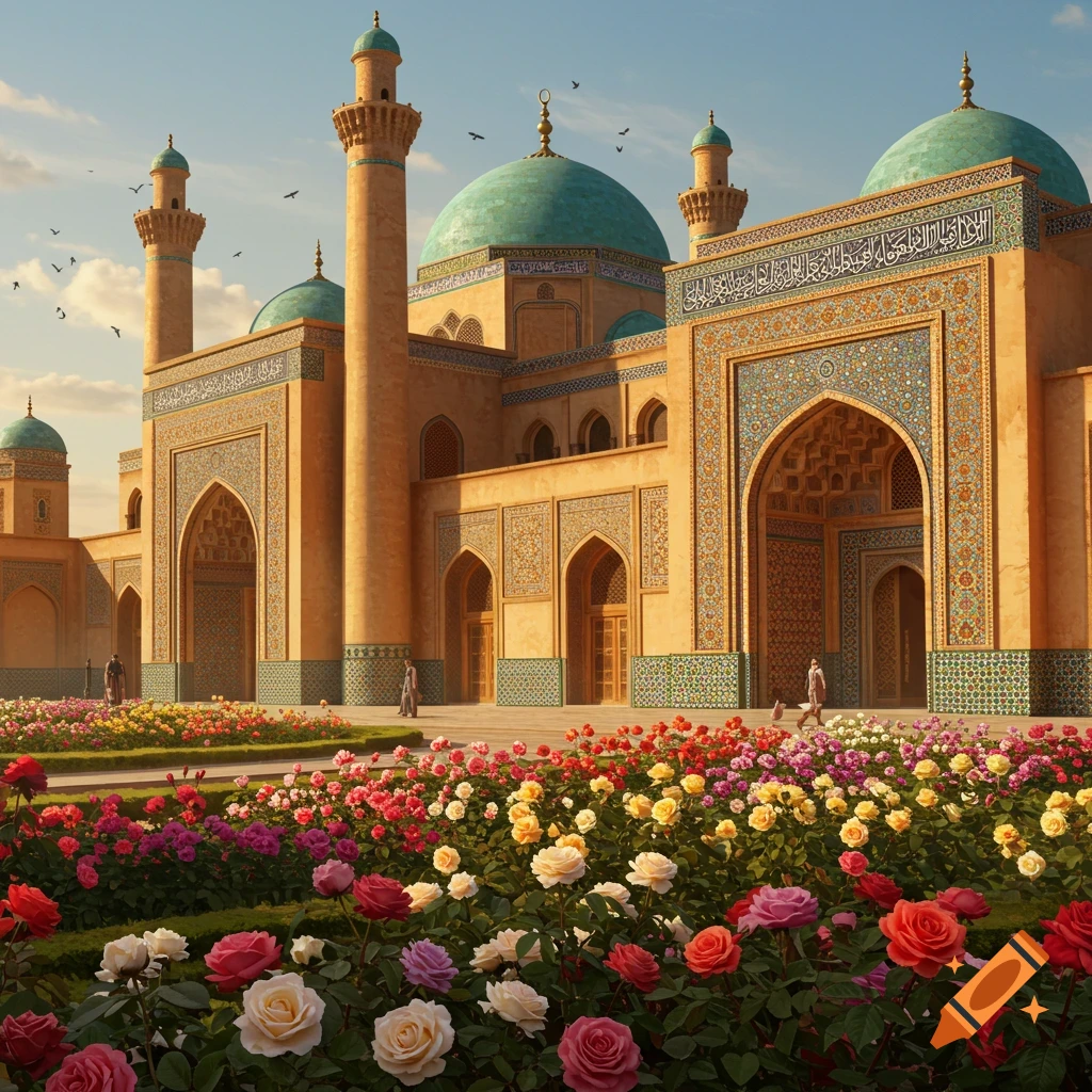 A beautiful Islamic mosque with domes and minarets, surrounded by a lush garden of colorful roses.