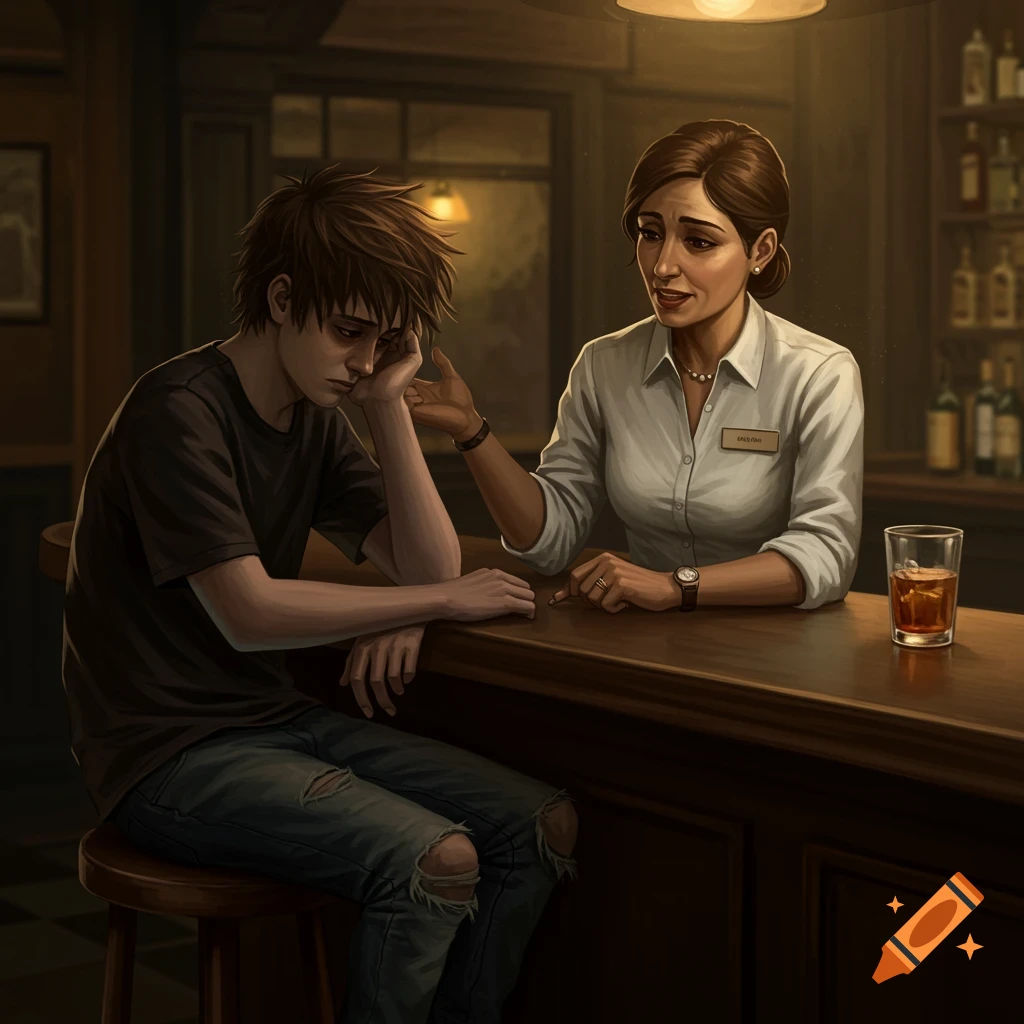 A sad teenage boy talking to a concerned bartender in a dimly lit bar.