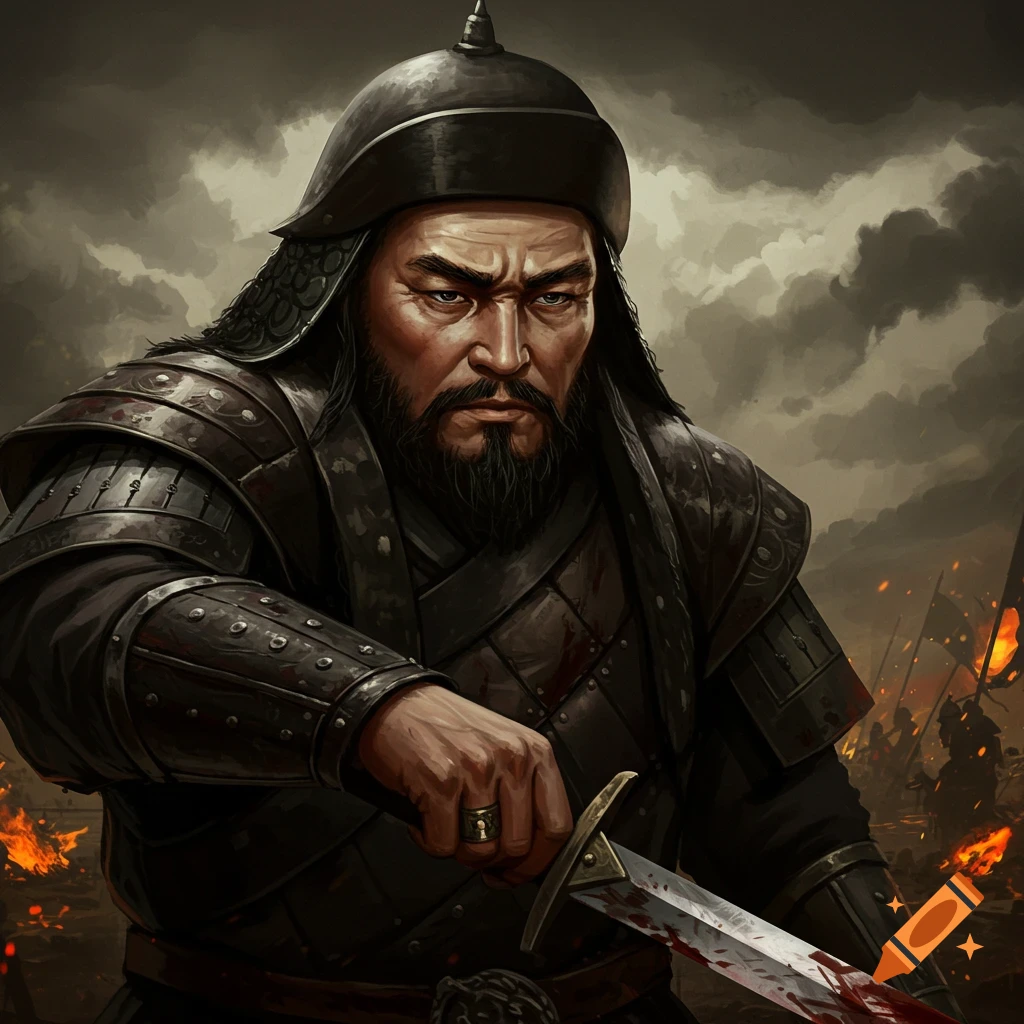 A warrior in armor holds a bloody sword on a battlefield.