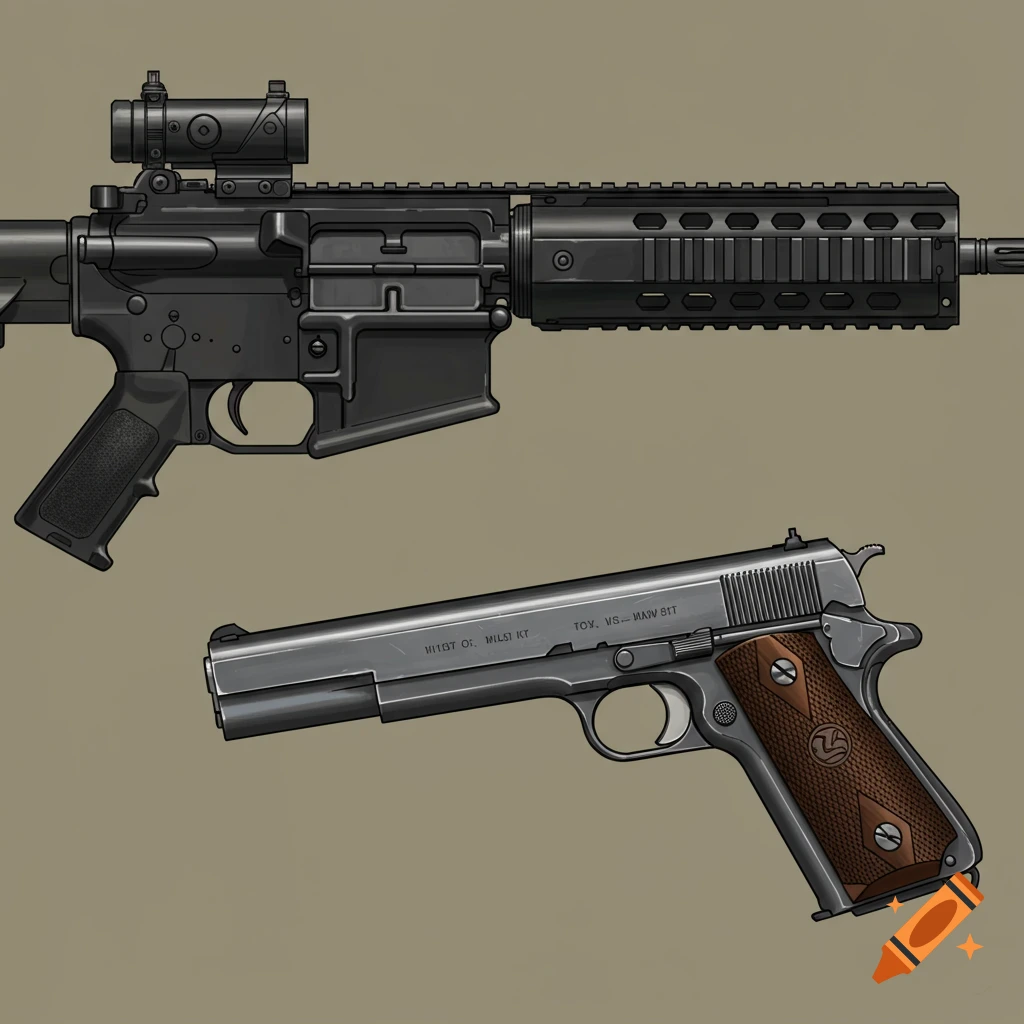 An M4 rifle and an M1911 pistol.