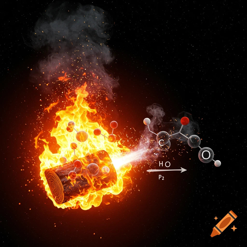 A burning log transforming into molecules labeled with chemical symbols.