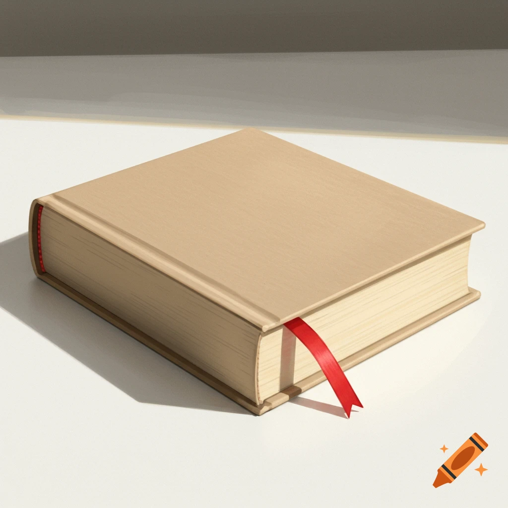 A light brown book with a red ribbon bookmark on a light surface.