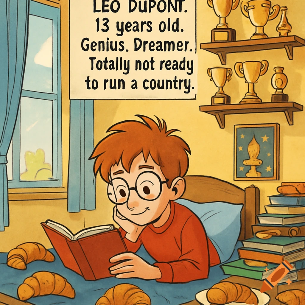 Cartoon illustration of a boy reading in bed surrounded by croissants, books, and trophies.