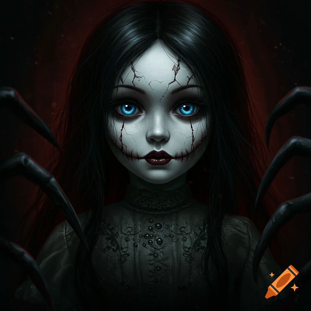An evil doll with cracked white skin, blue eyes, stitches, and dark tendrils reaching