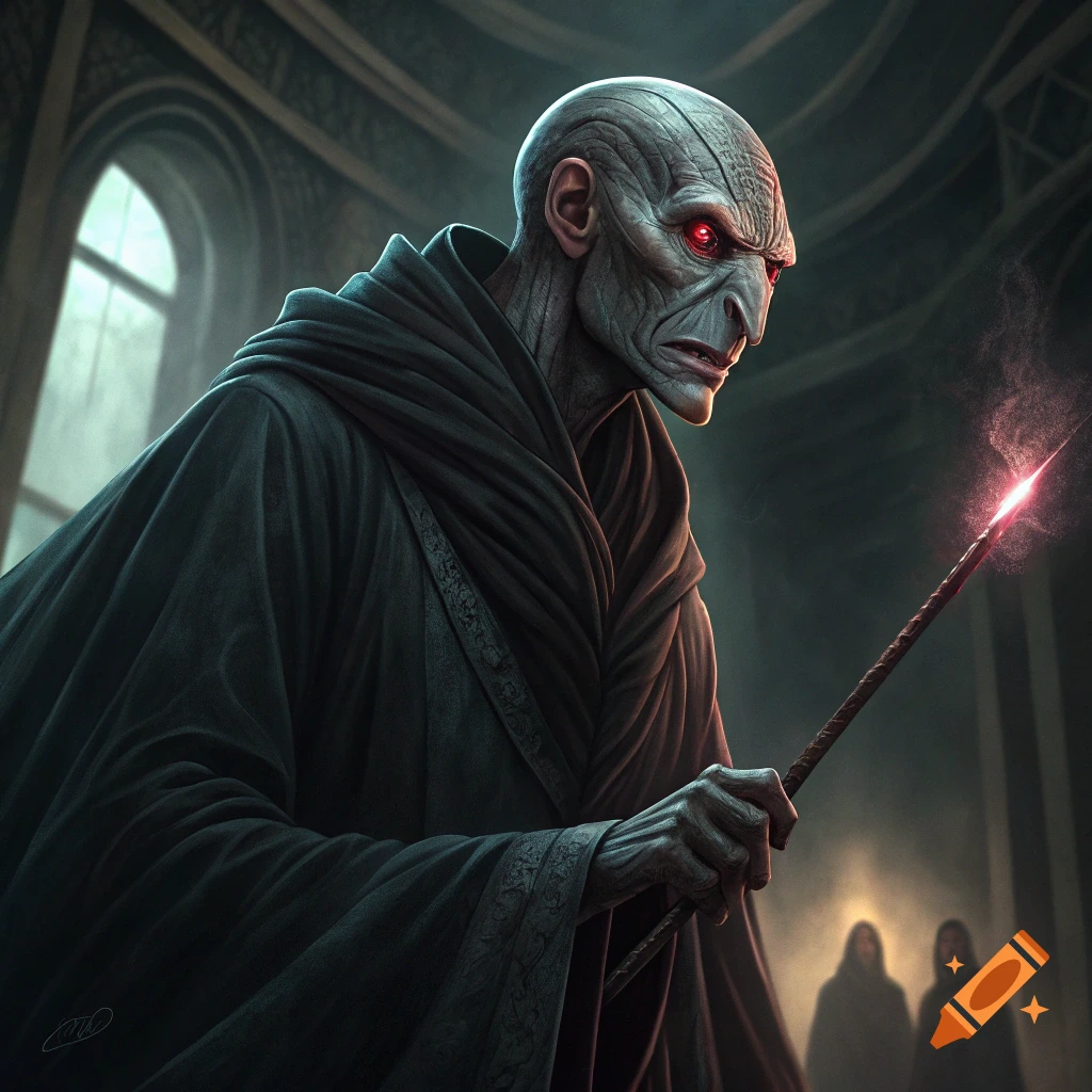 Lord Voldemort holds a glowing wand in a dark interior with silhouetted figures in the background.