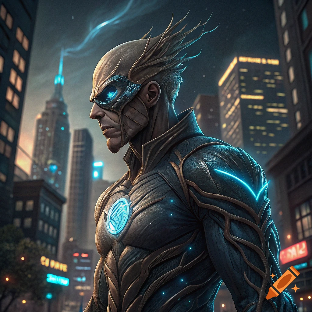 Superhero in a futuristic suit and mask standing in a city at night.