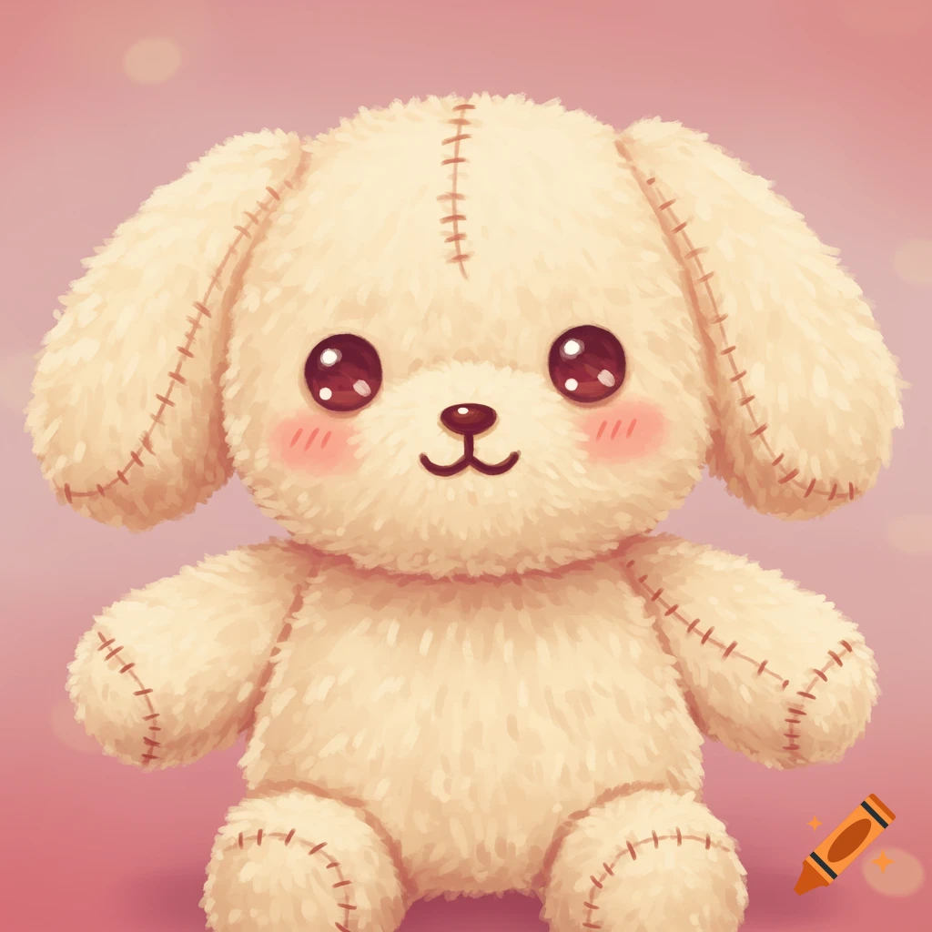 A cream-colored plush toy dog with big eyes in a cartoon style on a pink background.