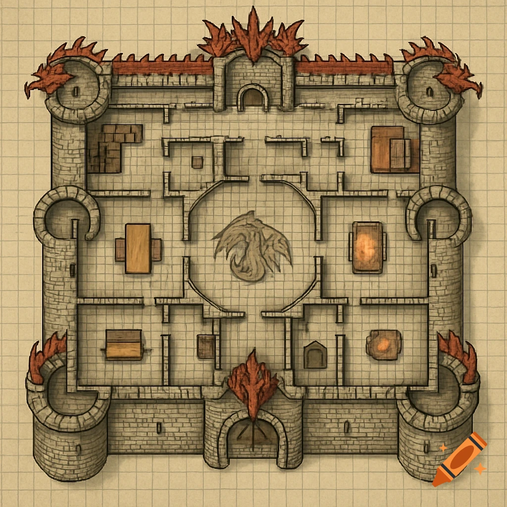 Top-down fantasy castle floor map with grid, draconian style.