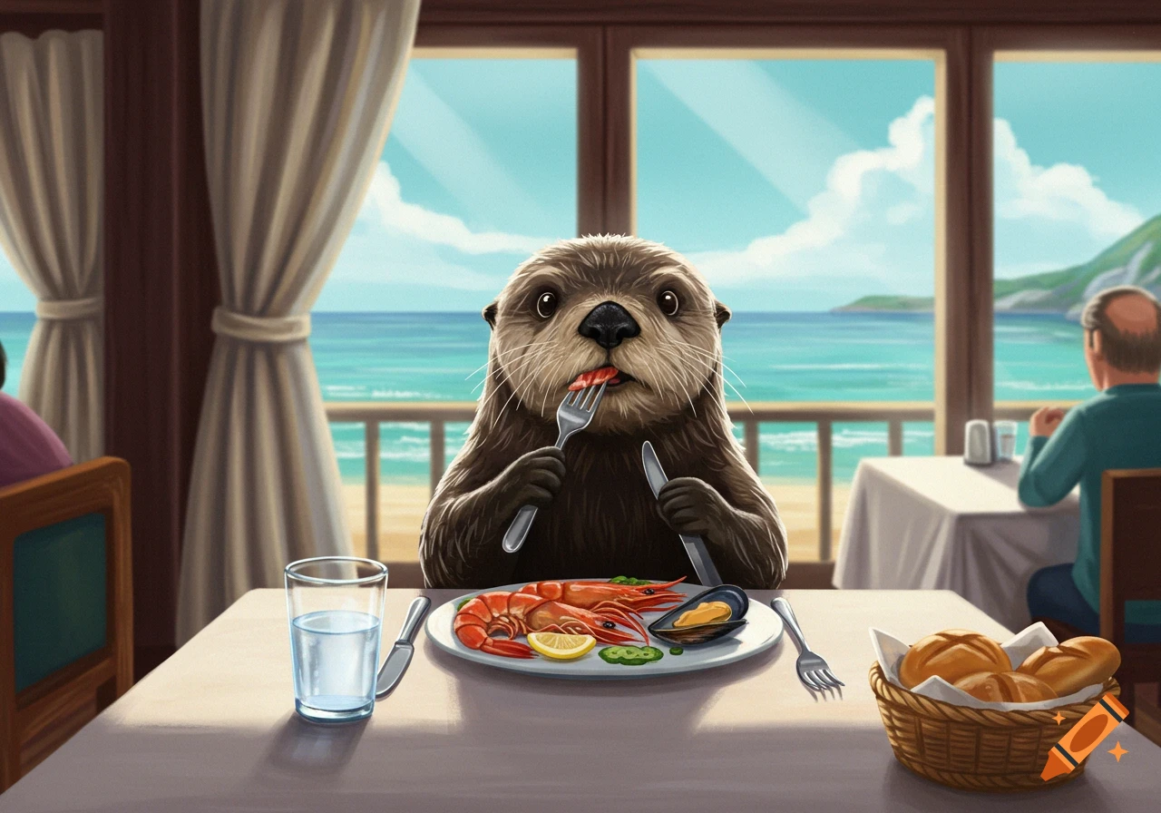 A sea otter eating seafood at a table in a restaurant overlooking the ocean.
