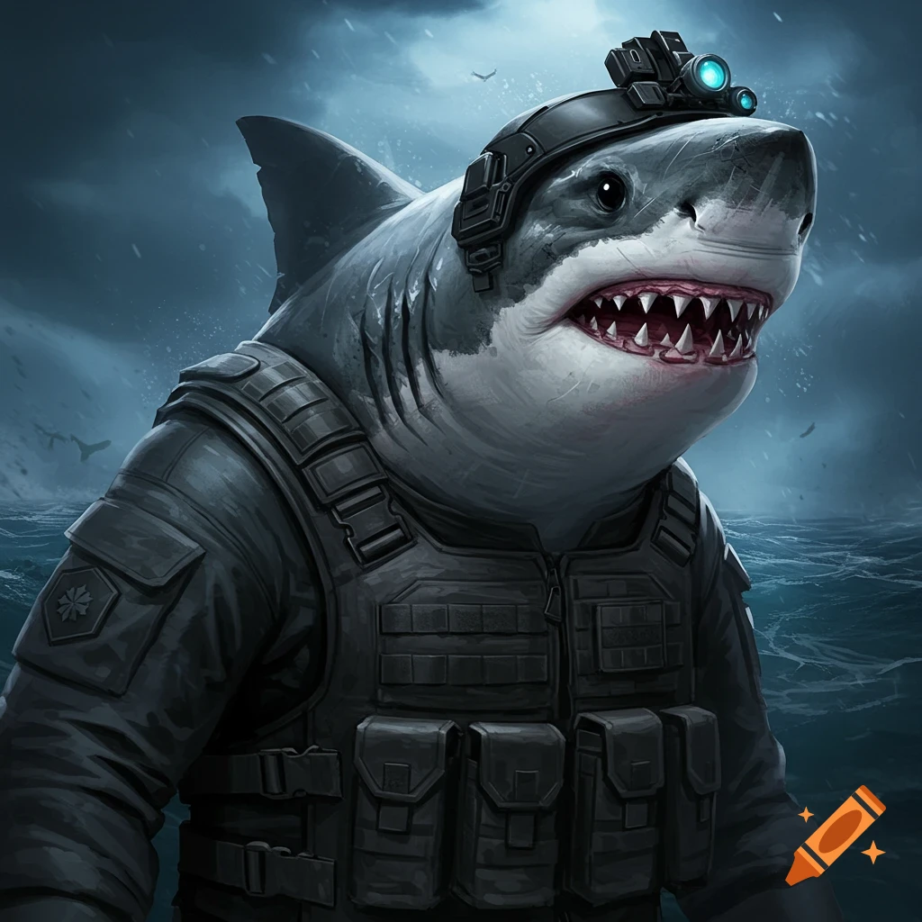 A shark wearing tactical gear in a stormy ocean.