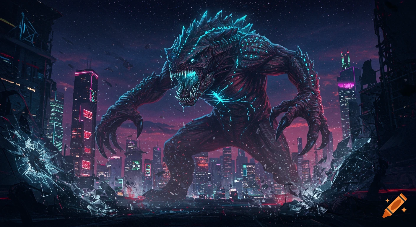 Giant monster destroying a neon-lit futuristic city at night.