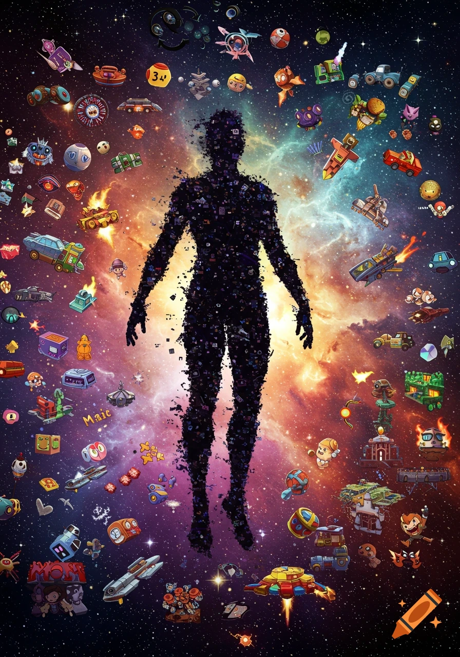 A silhouette figure made of shapes is floating in space, surrounded by colorful video game items.