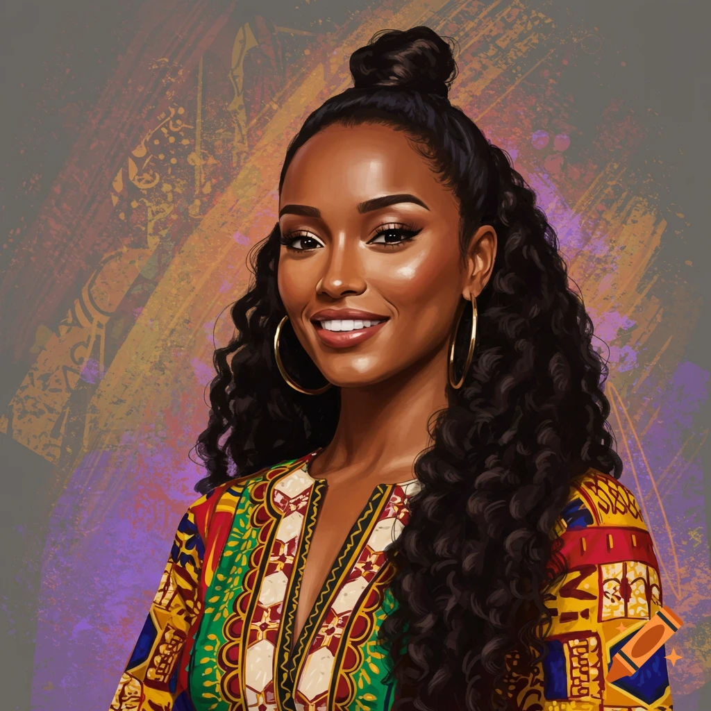 A woman with dark skin and curly hair wears a colorful dress with African patterns and hoop earrings, smiling.