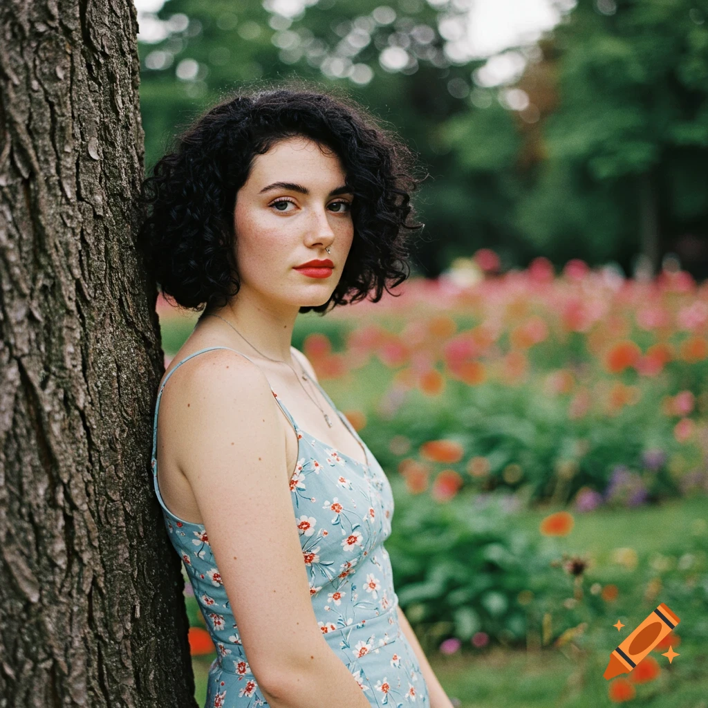 A woman with short curly hair leans against a tree in a park with flowers.