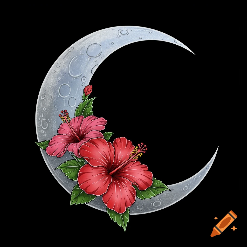 A silver crescent moon with red and pink hibiscus flowers.